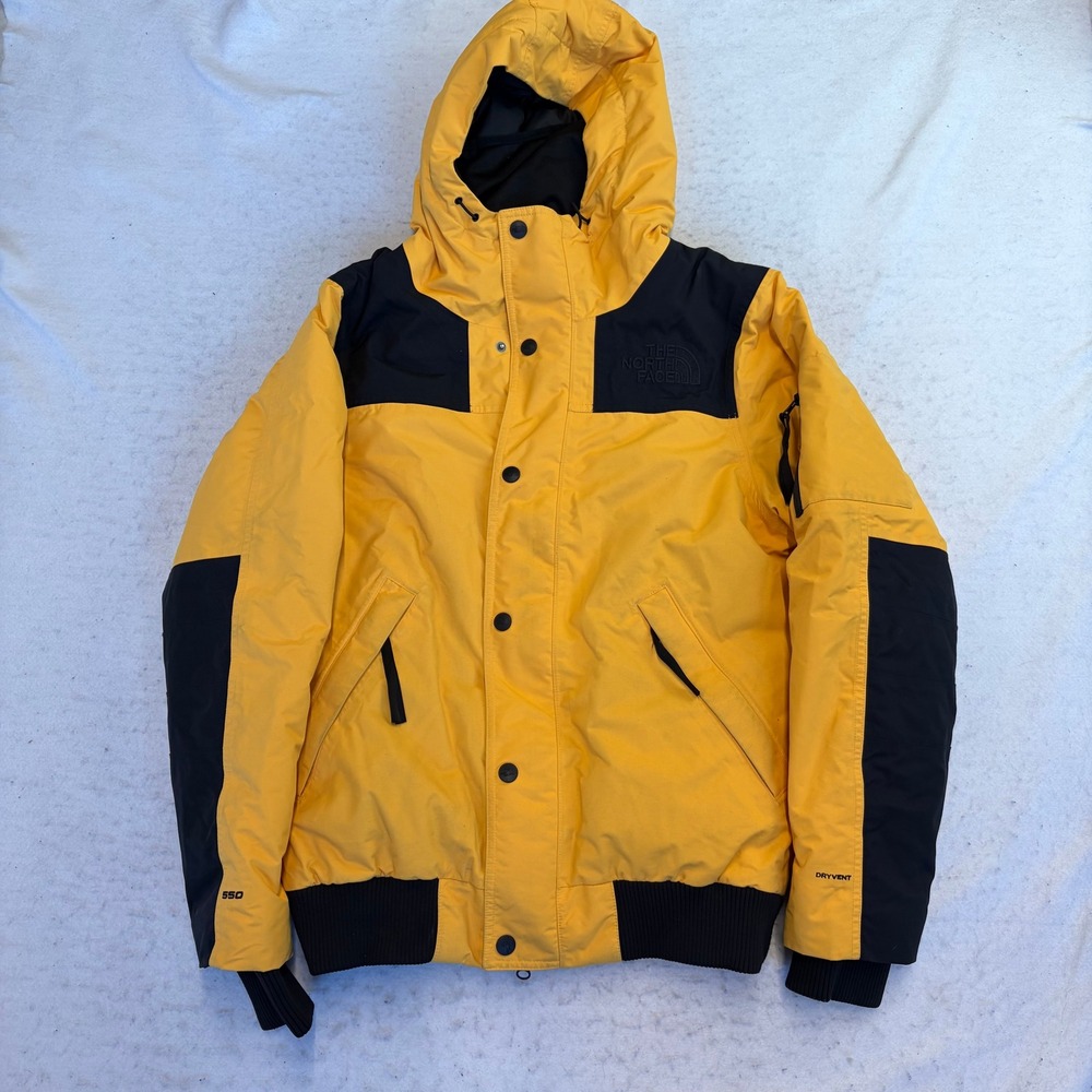 The North Face Newington Down Jacket Mens Small Yellow Black Hooded 550 DryVent